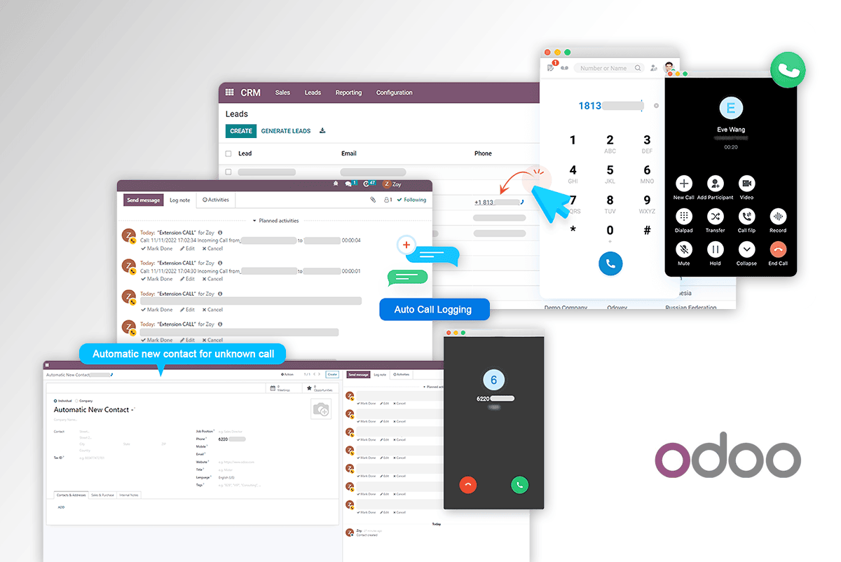 Odoo CRM system integrated with Mittal Cloud for enhanced call tracking.