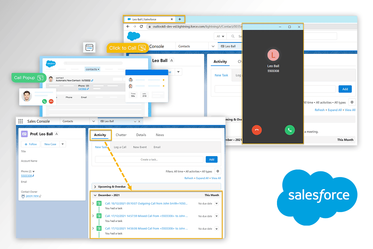 Salesforce interface with advanced phone system integration