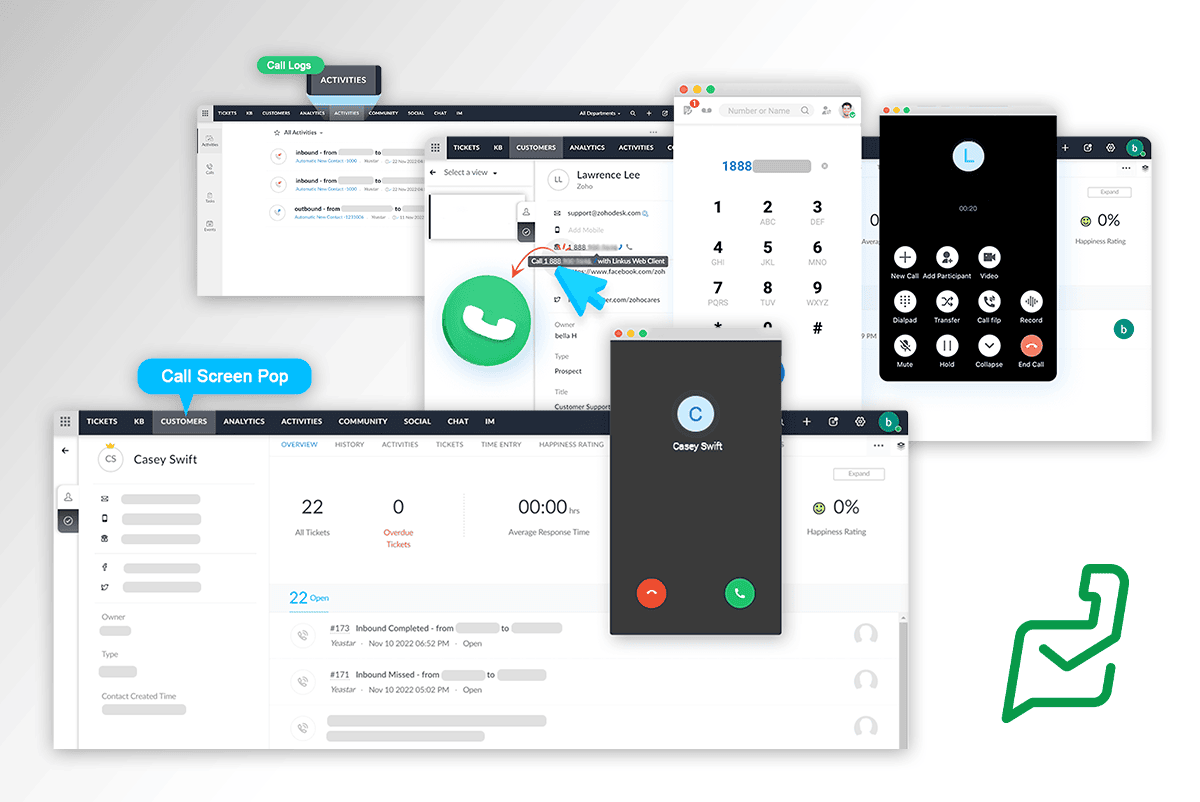 Zoho Desk integration displaying synchronized customer details during calls.