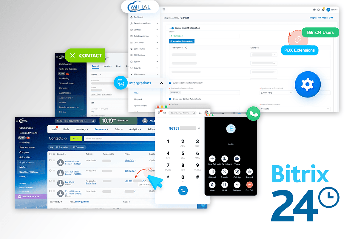 Bitrix24 CRM dashboard showing 360-degree customer interaction view.